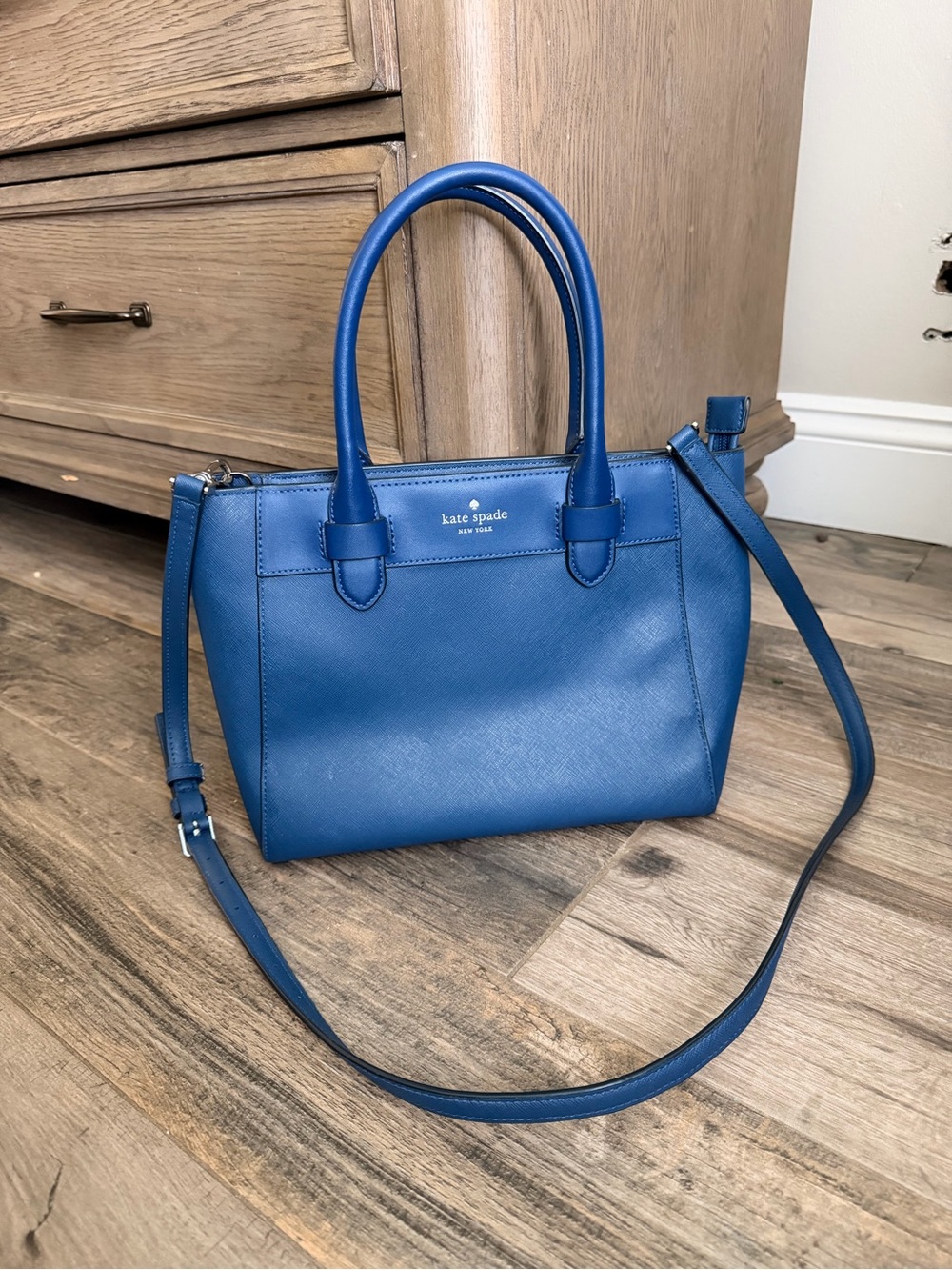 kate spade royal blue leather satchel with crossbody strap